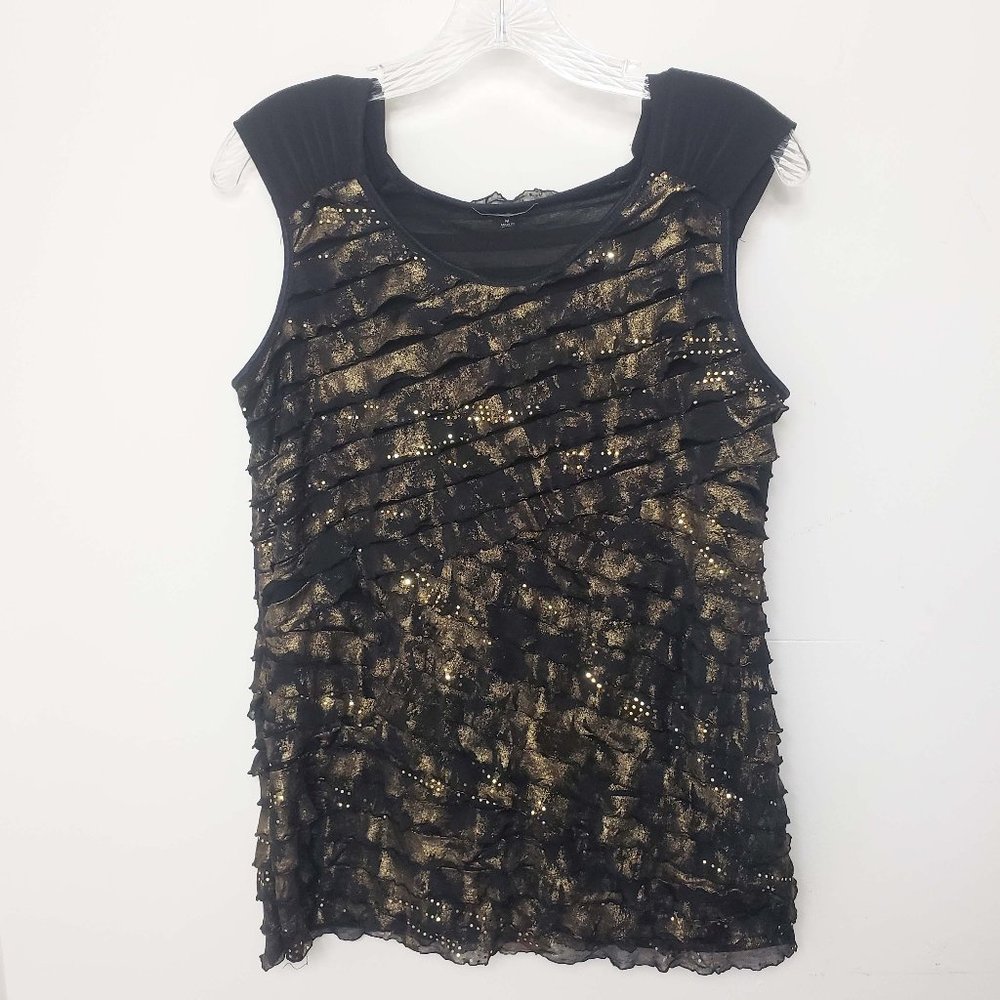 Elements Women's Black Gold Sequined Scoop Neck Shirt Blouse Shell Tank Top